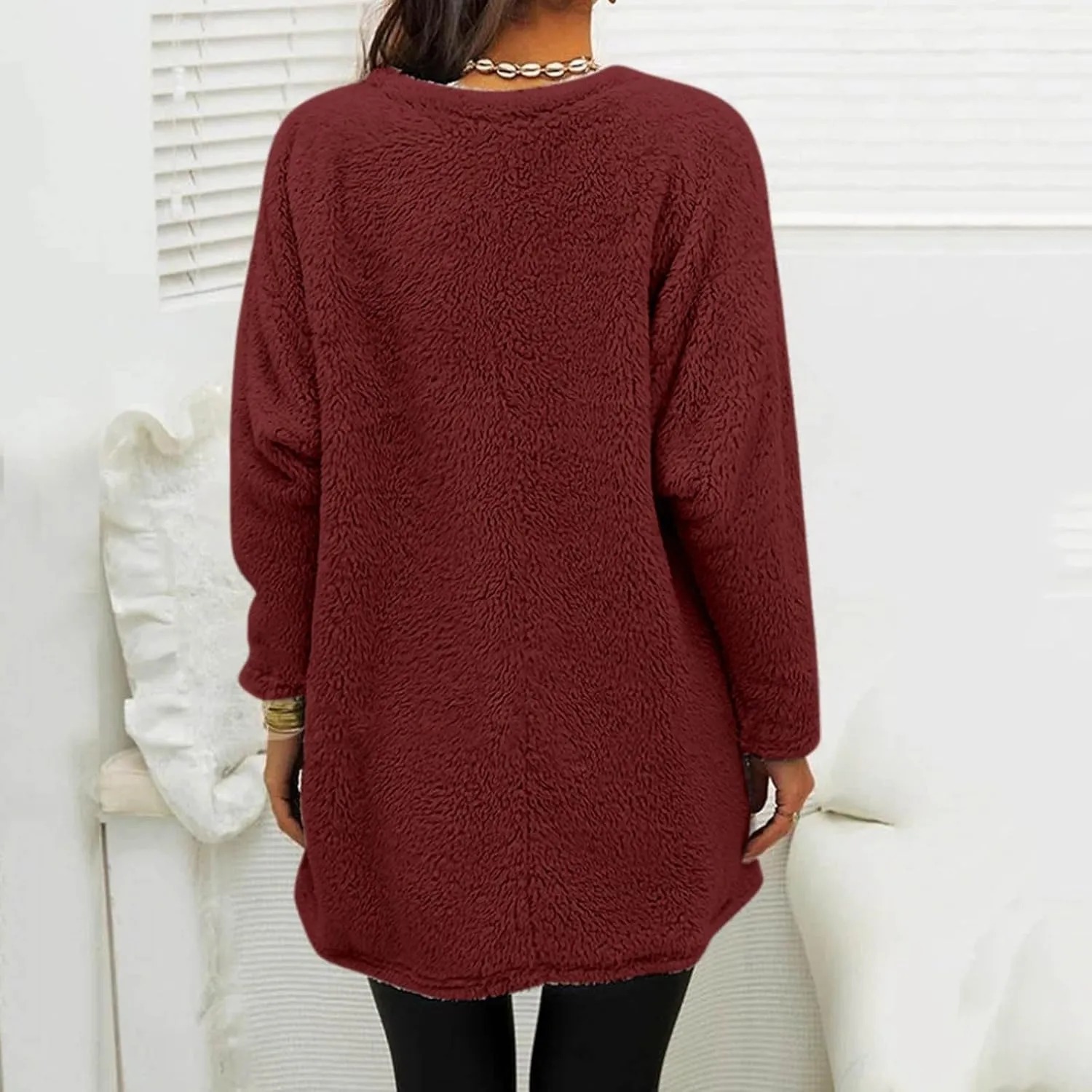 Fleece Pullover Women Sweaters Fuzzy Sherpa Long Sleeve Sweatshirt Crewneck Loungewear Tunics Tops with Pockets