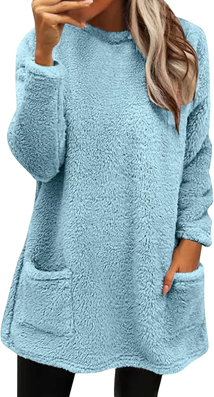 Fleece Pullover Women Sweaters Fuzzy Sherpa Long Sleeve Sweatshirt Crewneck Loungewear Tunics Tops with Pockets