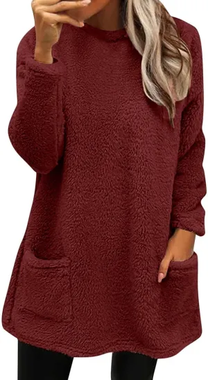 Fleece Pullover Women Sweaters Fuzzy Sherpa Long Sleeve Sweatshirt Crewneck Loungewear Tunics Tops with Pockets