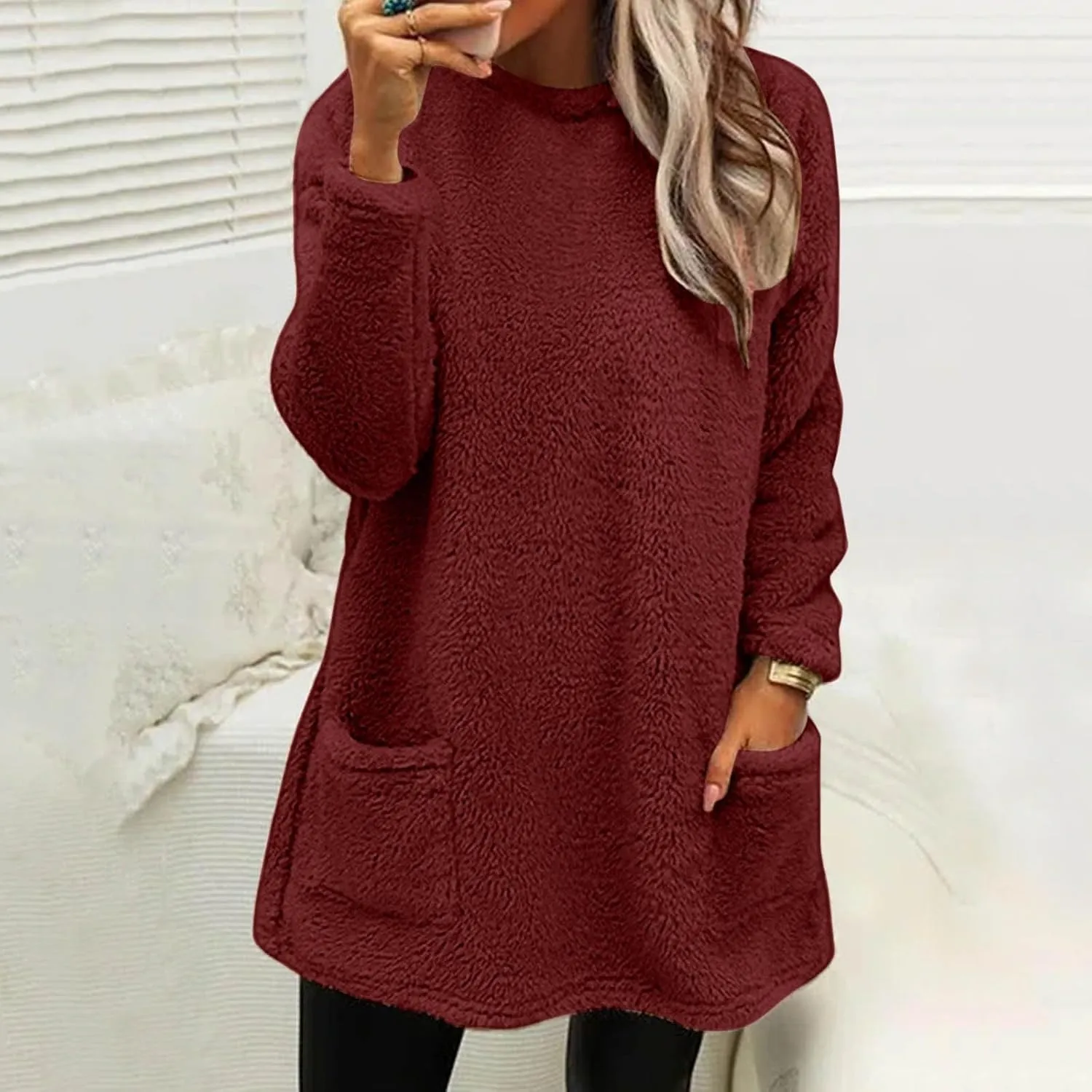 Fleece Pullover Women Sweaters Fuzzy Sherpa Long Sleeve Sweatshirt Crewneck Loungewear Tunics Tops with Pockets