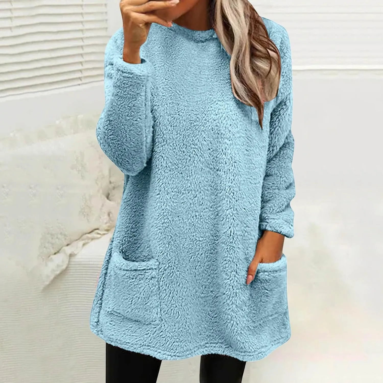 Fleece Pullover Women Sweaters Fuzzy Sherpa Long Sleeve Sweatshirt Crewneck Loungewear Tunics Tops with Pockets