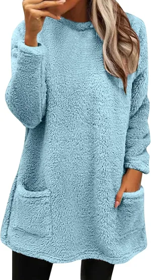 Fleece Pullover Women Sweaters Fuzzy Sherpa Long Sleeve Sweatshirt Crewneck Loungewear Tunics Tops with Pockets