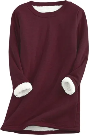 Fleece Sweatshirts for Women Sherpa Lined Casual Loose Colorblock Tee Pullover Solid Color Thermal Cute Loungewear