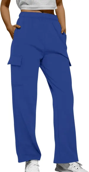 Fleece Wide Leg Sweatpants Women Baggy Casual Cargo Pants with Pockets Comfy High Waisted Drawstring Palazzo Pants