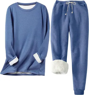 Flygo Women Winter Warm Loungewear Set Sherpa Lined Crewneck Sweatshirt and Jogger Pants Fleece Sweatsuit