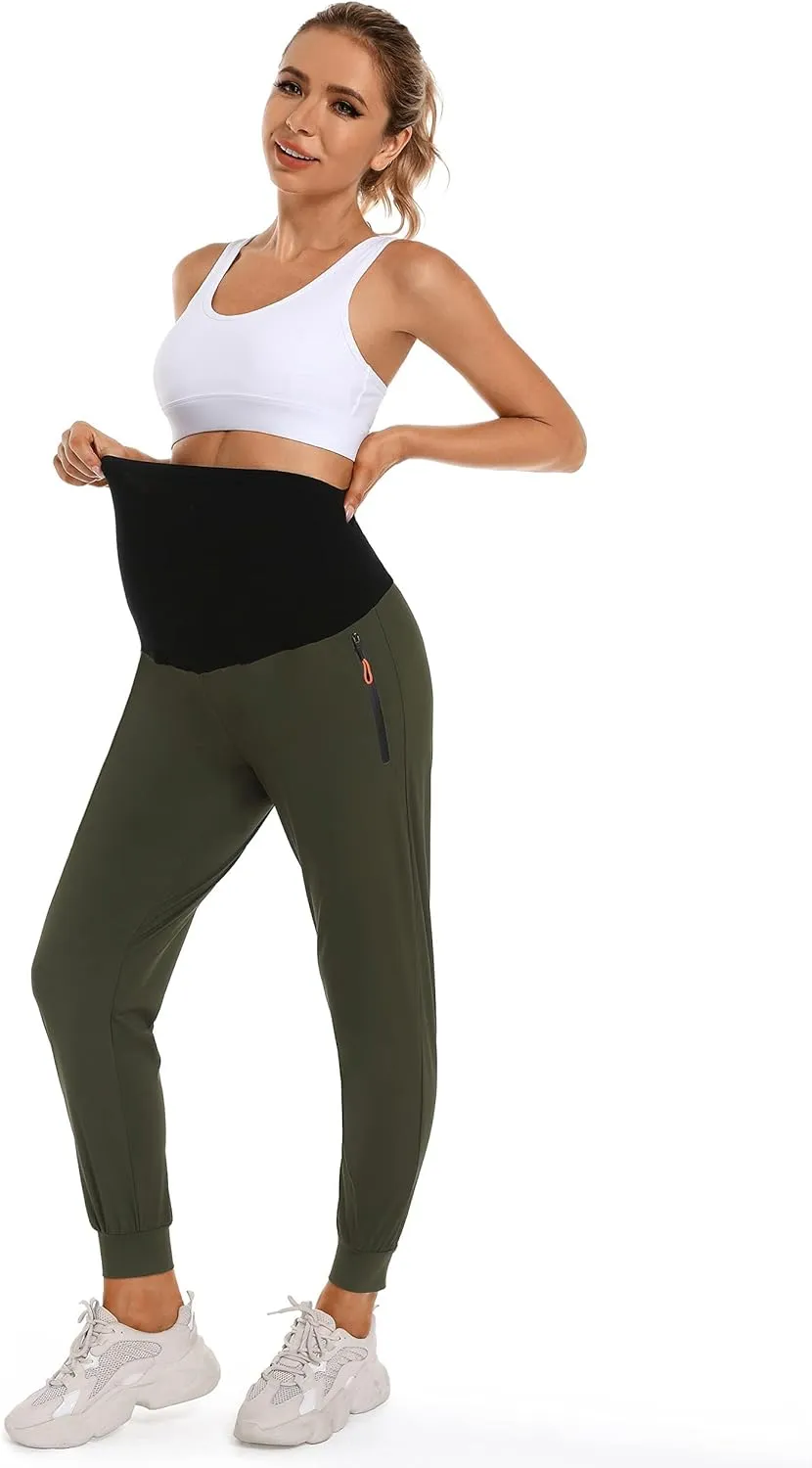 Foucome Women's Maternity Joggers Quick Dry Zipper Pockets Scrub Pants Pregnancy Sweatpants