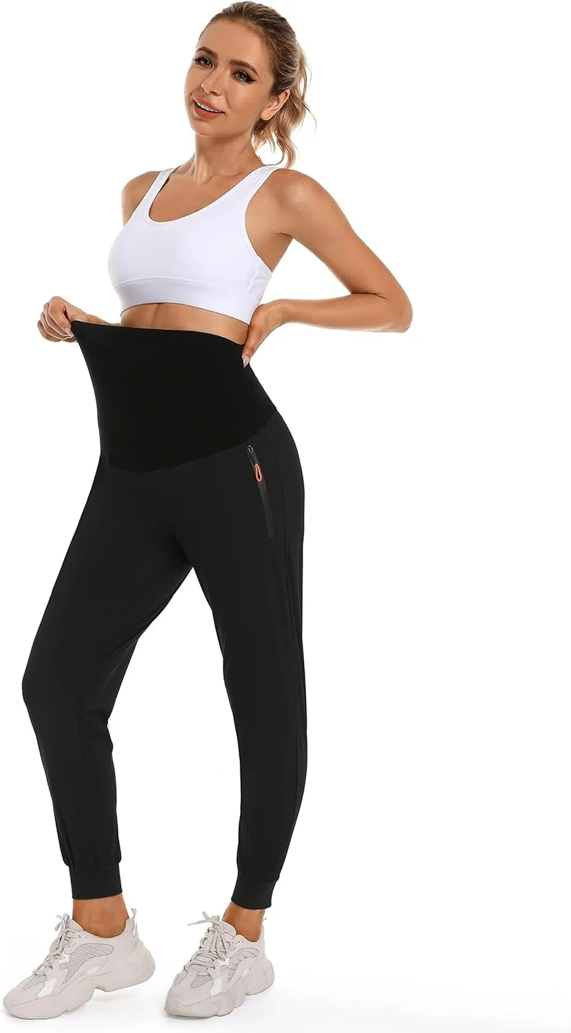 Foucome Women's Maternity Joggers Quick Dry Zipper Pockets Scrub Pants Pregnancy Sweatpants