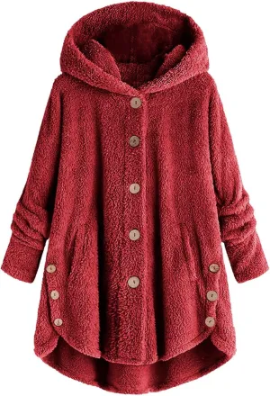 Fuzzy Fleece Hooded Button Down Jacket For Women Oversized Warm Winter Sherpa Cardigan Coat Loungewear