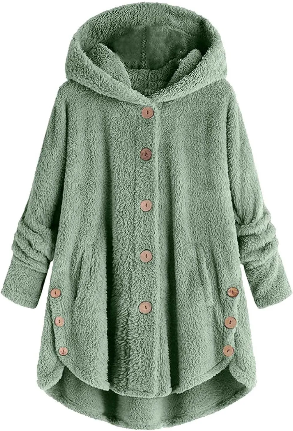 Fuzzy Fleece Hooded Button Down Jacket For Women Oversized Warm Winter Sherpa Cardigan Coat Loungewear