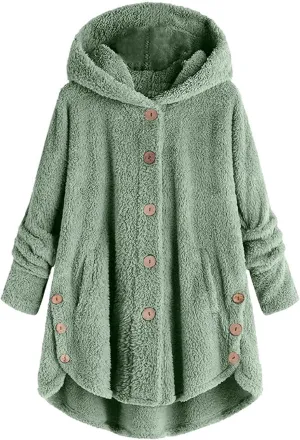 Fuzzy Fleece Hooded Button Down Jacket For Women Oversized Warm Winter Sherpa Cardigan Coat Loungewear