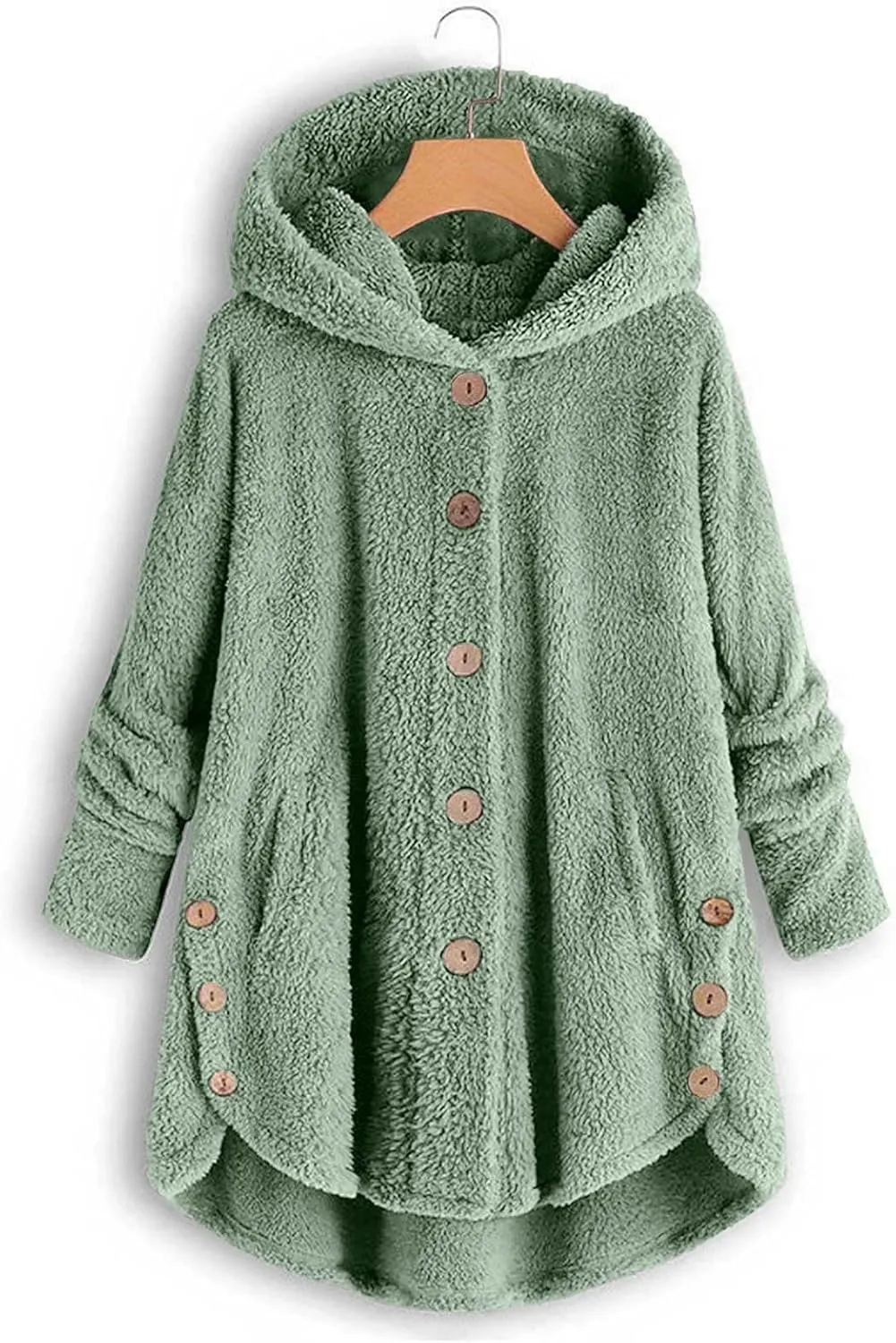 Fuzzy Fleece Hooded Button Down Jacket For Women Oversized Warm Winter Sherpa Cardigan Coat Loungewear
