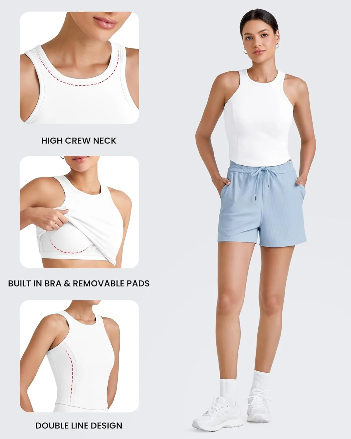 G4Free Barefeel Built in Bra Workout Tops for Women Removable Pads Longline Sport Bras Racerback Athletic Tank Yoga Gym