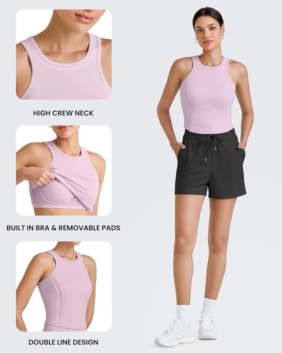 G4Free Barefeel Built in Bra Workout Tops for Women Removable Pads Longline Sport Bras Racerback Athletic Tank Yoga Gym