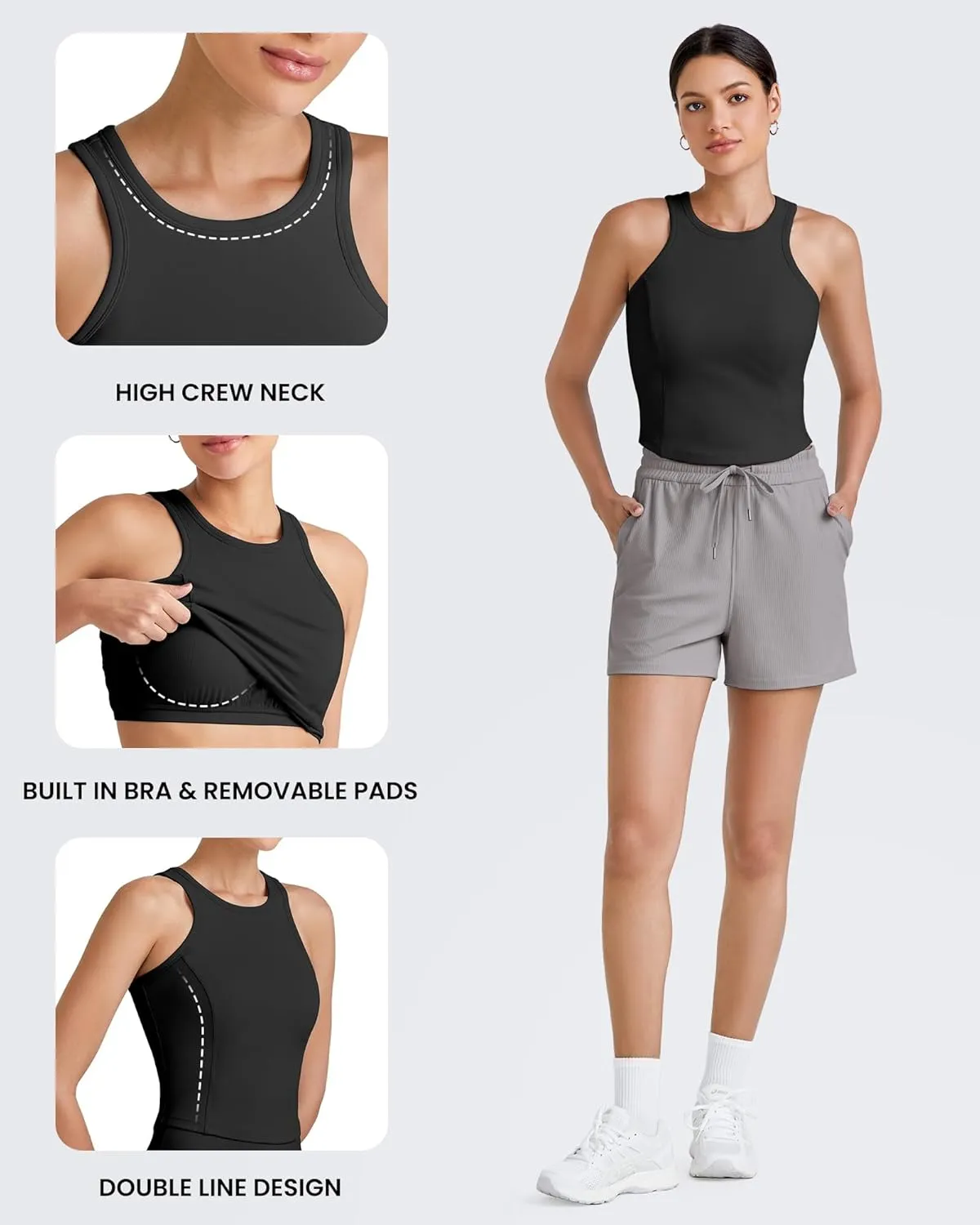 G4Free Barefeel Built in Bra Workout Tops for Women Removable Pads Longline Sport Bras Racerback Athletic Tank Yoga Gym