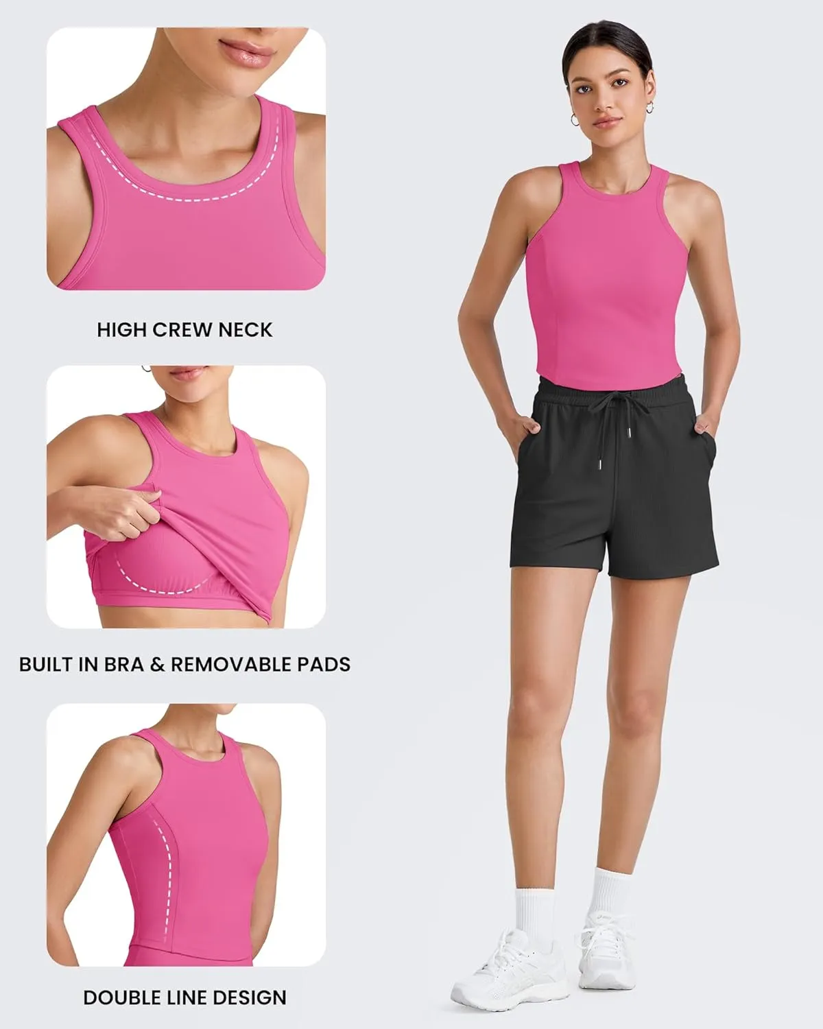 G4Free Barefeel Built in Bra Workout Tops for Women Removable Pads Longline Sport Bras Racerback Athletic Tank Yoga Gym