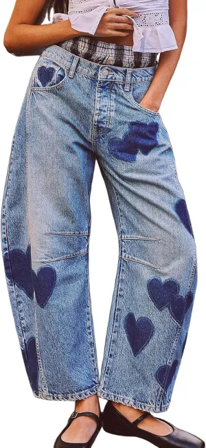 GGUHHU Distressed Barrel Jeans for Women Y2K Wide Leg Baggy Denim Pants Boyfriend Floral Trousers