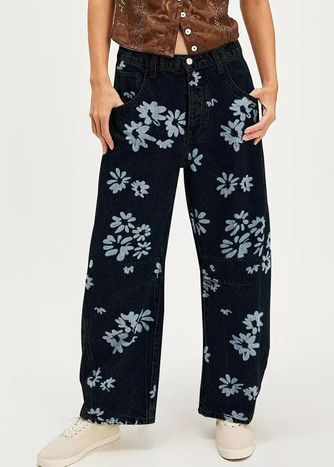 GGUHHU Distressed Barrel Jeans for Women Y2K Wide Leg Baggy Denim Pants Boyfriend Floral Trousers