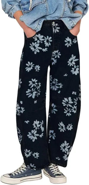GGUHHU Distressed Barrel Jeans for Women Y2K Wide Leg Baggy Denim Pants Boyfriend Floral Trousers