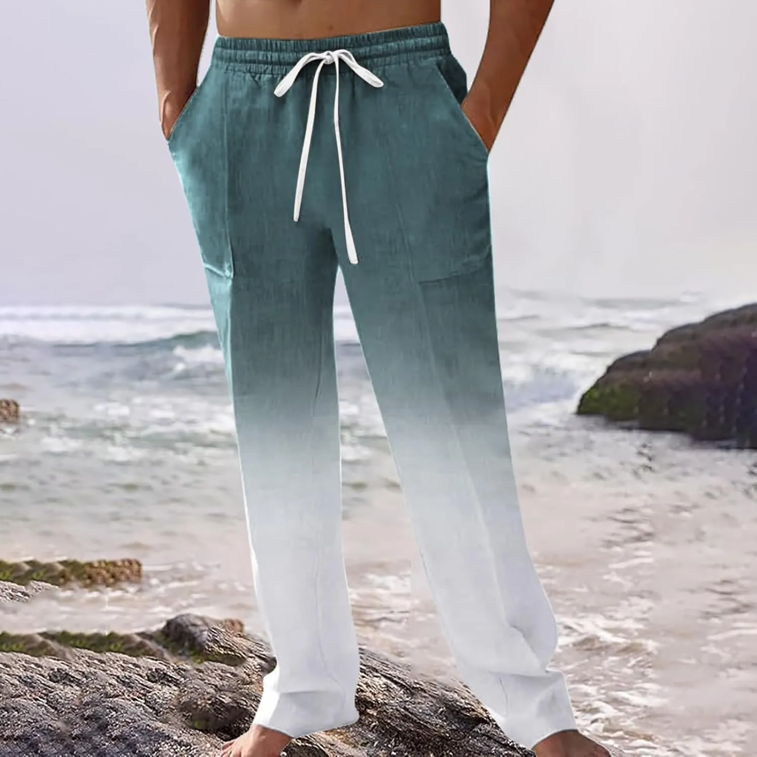 GIERIDUC Men Casual Linen Pants Hippie Drawstring Yoga Pants Elastic Waist Lightweight Trouser Casual Ombre Summer Beach Pant