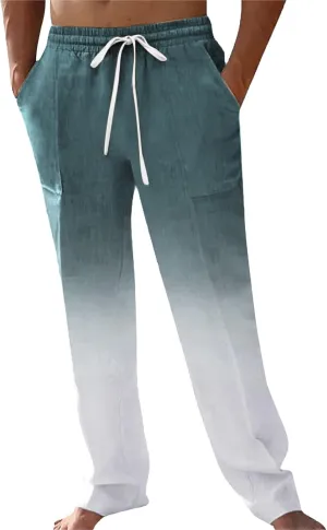 GIERIDUC Men Casual Linen Pants Hippie Drawstring Yoga Pants Elastic Waist Lightweight Trouser Casual Ombre Summer Beach Pant