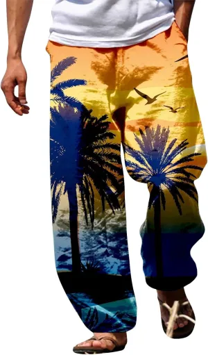 GIERIDUC Mens Casual Linen Pants Loose Fit Elastic Drawstring Waist Straight Leg Hippie Trousers Summer Yoga Beach Long Pants