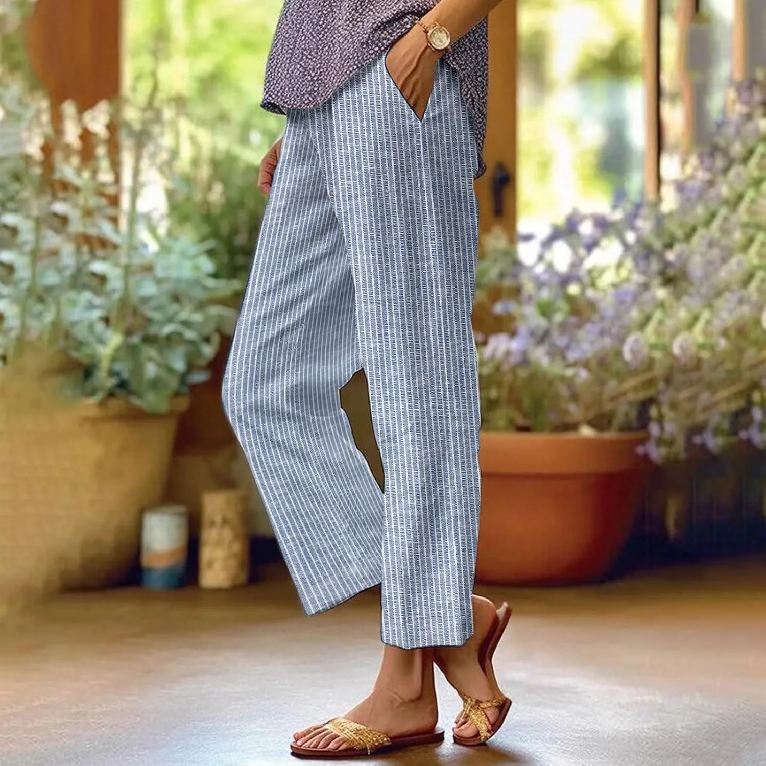 GOKKILRW Women Wide Leg Linen Pants High Waisted Striped Summer Casual Boho Palazzo Trousers with Pockets Beach Loungewear