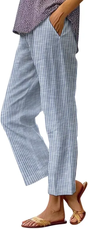 GOKKILRW Women Wide Leg Linen Pants High Waisted Striped Summer Casual Boho Palazzo Trousers with Pockets Beach Loungewear