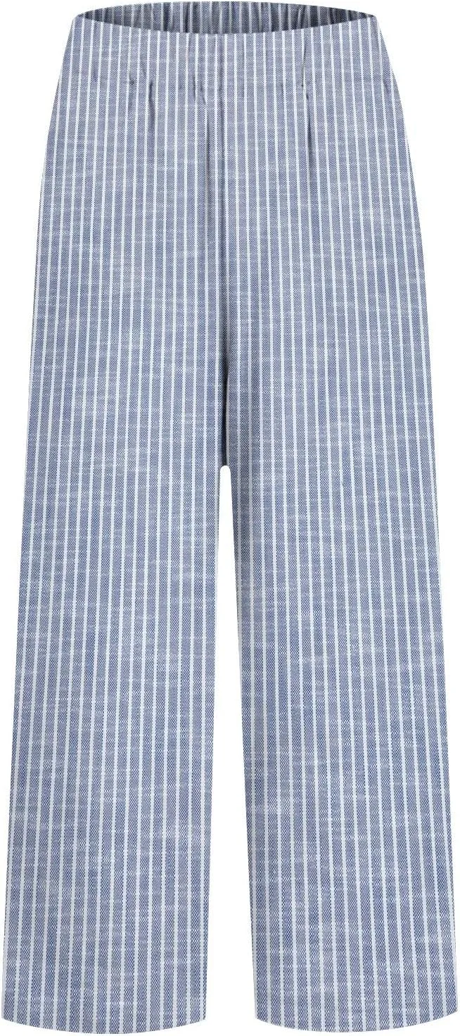 GOKKILRW Women Wide Leg Linen Pants High Waisted Striped Summer Casual Boho Palazzo Trousers with Pockets Beach Loungewear