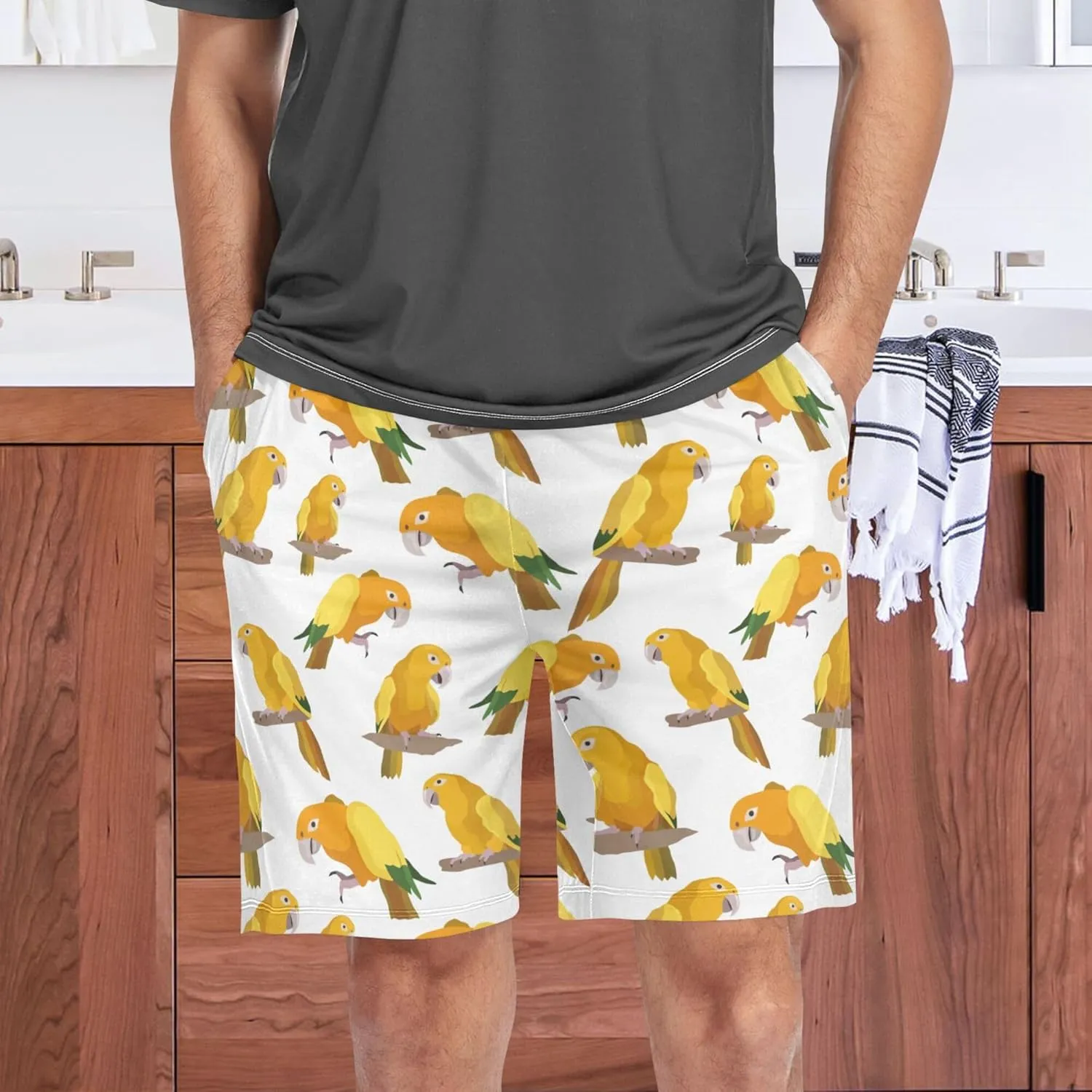 Gold Parrot Tropical Bird Pattern Men's Pajama Pants Shorts Sleepwear Lounge Pajama Bottoms S-2XL