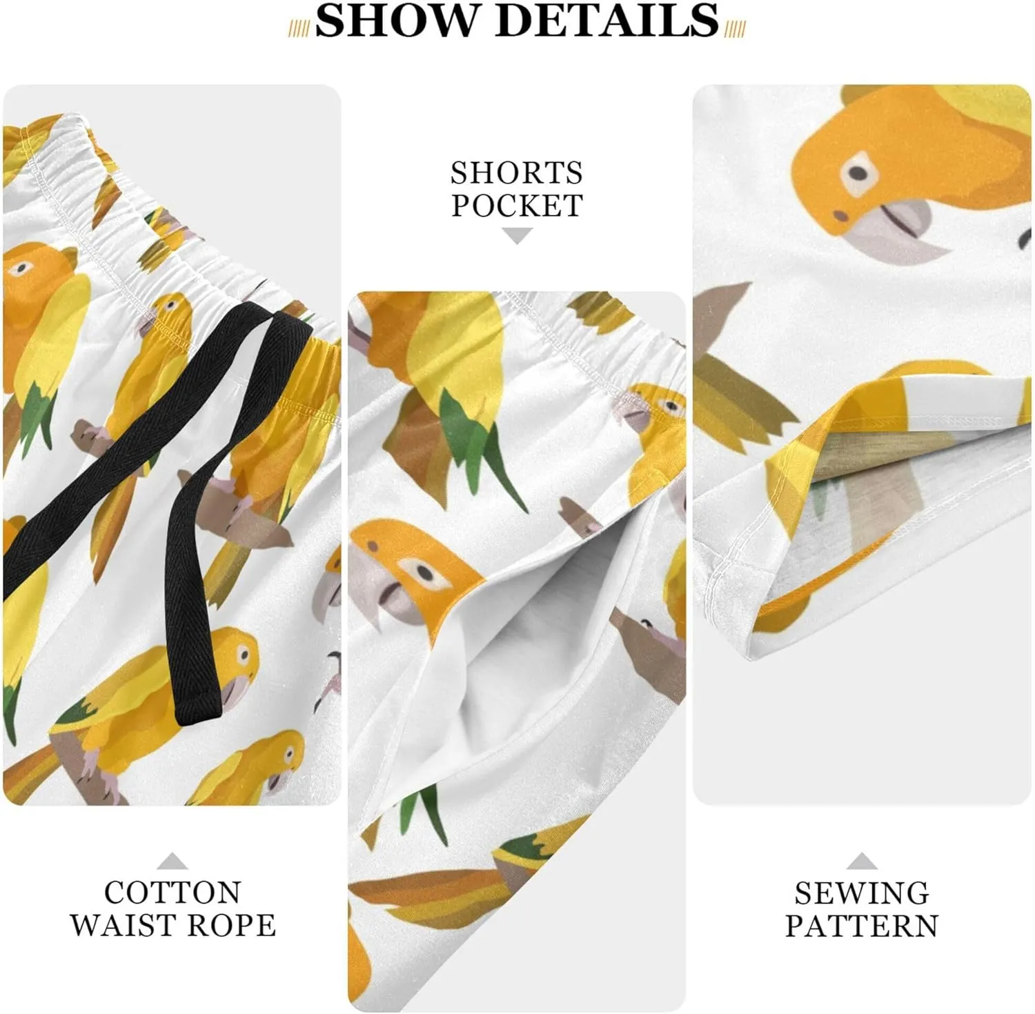 Gold Parrot Tropical Bird Pattern Men's Pajama Pants Shorts Sleepwear Lounge Pajama Bottoms S-2XL