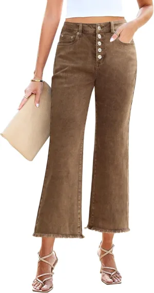 GRAPENT Capri Jeans for Women Trendy High Waisted Wide Leg Flare Button Fly Stretchy Denim Pants Raw Hem Cropped Jeans