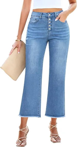 GRAPENT Capri Jeans for Women Trendy High Waisted Wide Leg Flare Button Fly Stretchy Denim Pants Raw Hem Cropped Jeans