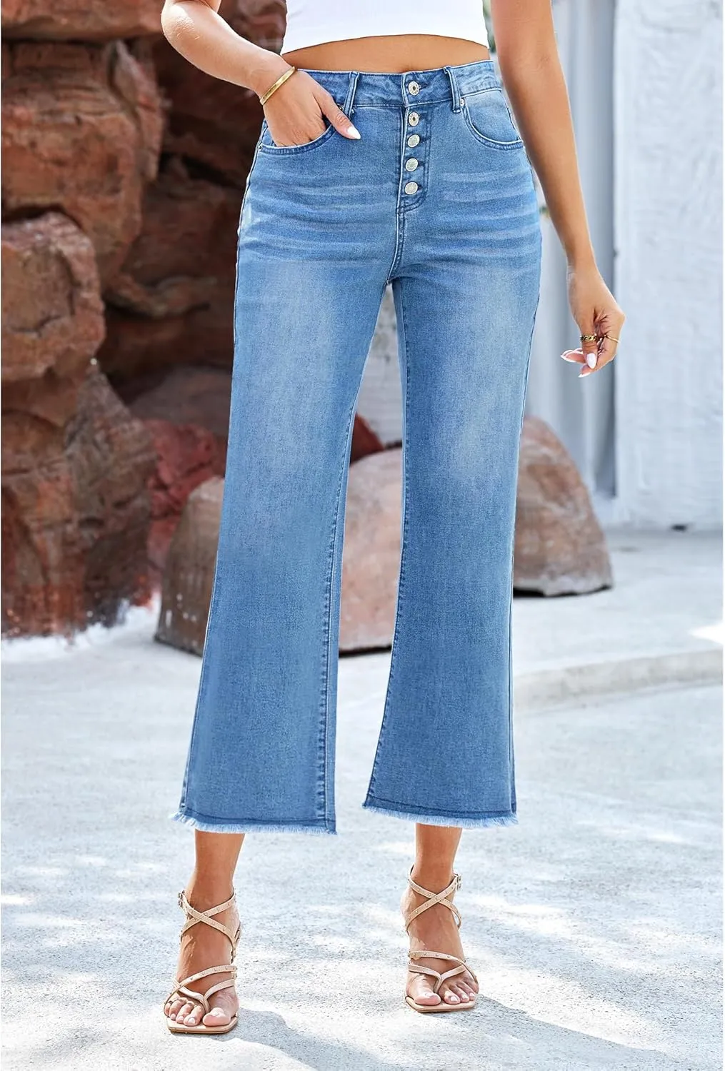 GRAPENT Capri Jeans for Women Trendy High Waisted Wide Leg Flare Button Fly Stretchy Denim Pants Raw Hem Cropped Jeans