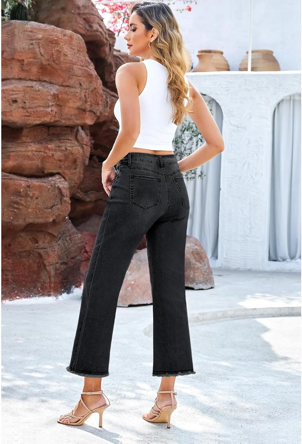GRAPENT Capri Jeans for Women Trendy High Waisted Wide Leg Flare Button Fly Stretchy Denim Pants Raw Hem Cropped Jeans