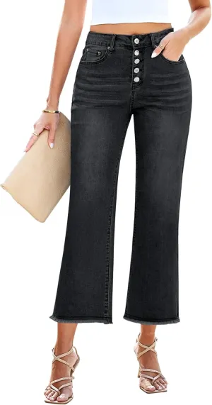 GRAPENT Capri Jeans for Women Trendy High Waisted Wide Leg Flare Button Fly Stretchy Denim Pants Raw Hem Cropped Jeans