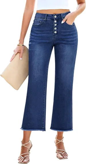 GRAPENT Capri Jeans for Women Trendy High Waisted Wide Leg Flare Button Fly Stretchy Denim Pants Raw Hem Cropped Jeans