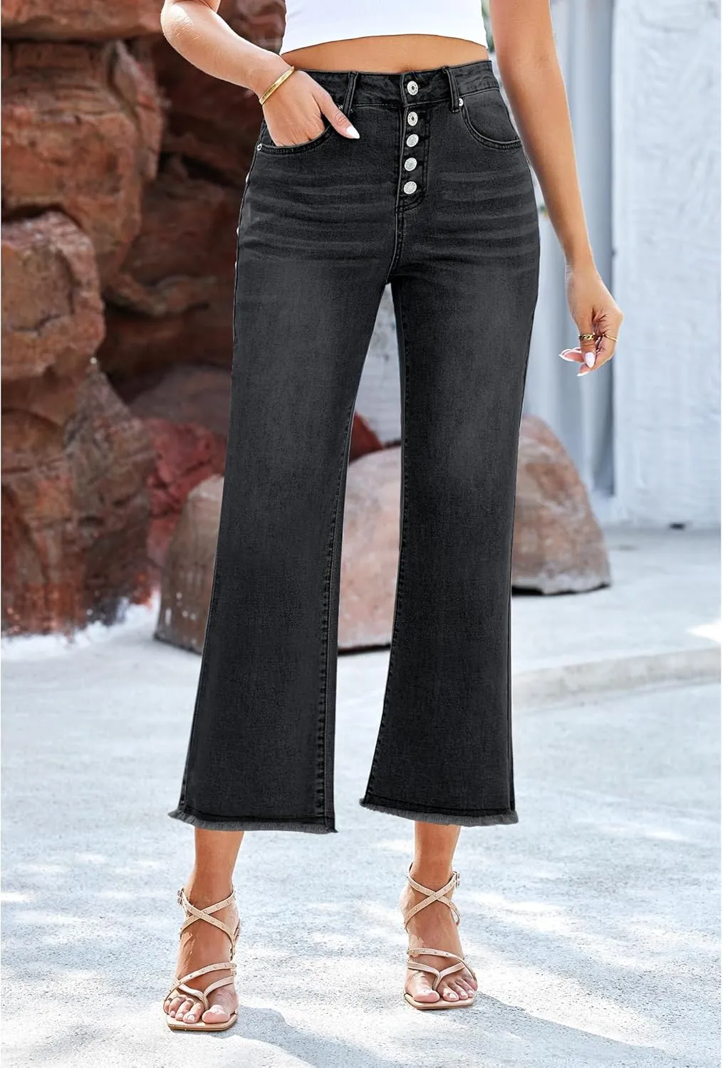 GRAPENT Capri Jeans for Women Trendy High Waisted Wide Leg Flare Button Fly Stretchy Denim Pants Raw Hem Cropped Jeans