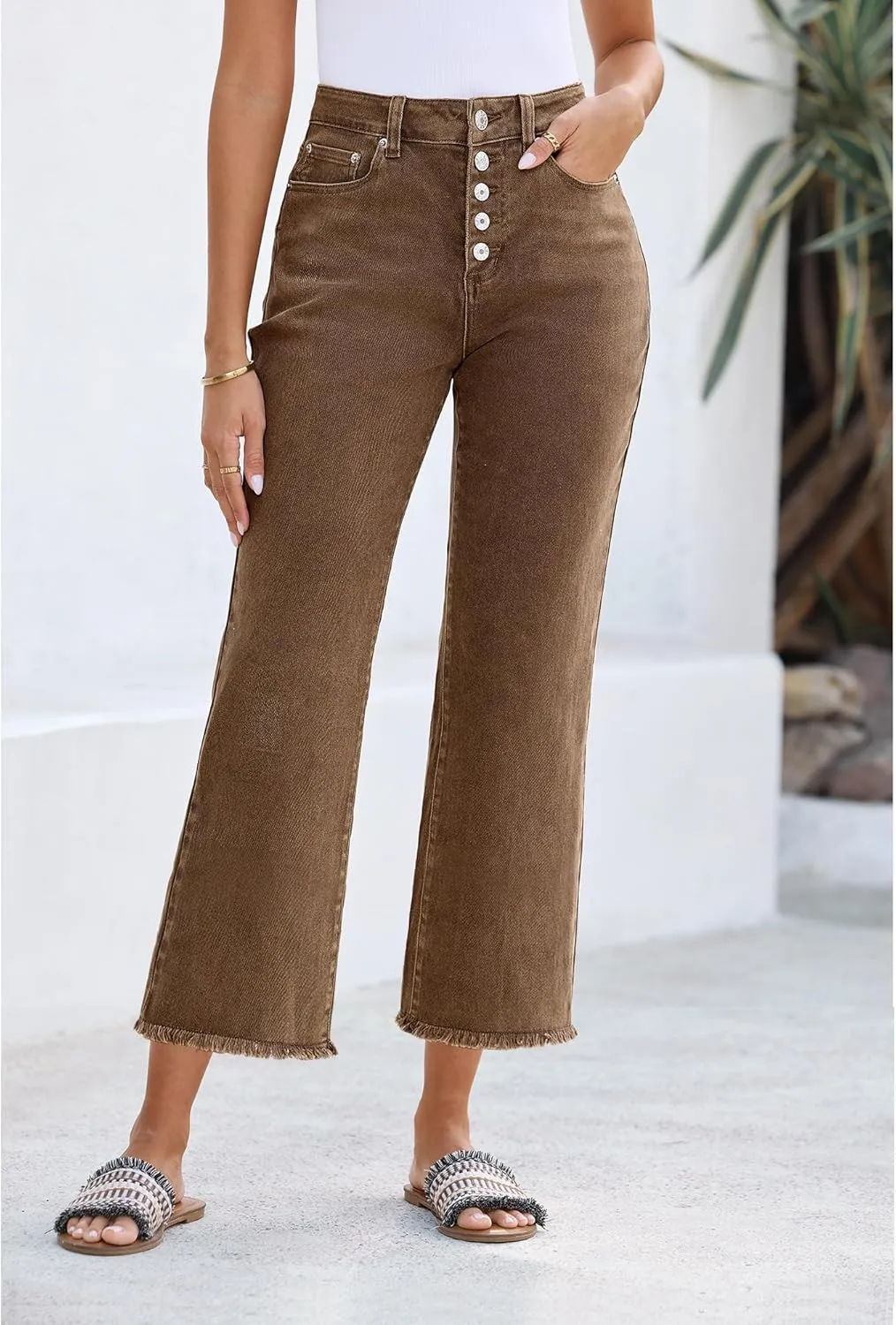 GRAPENT Capri Jeans for Women Trendy High Waisted Wide Leg Flare Button Fly Stretchy Denim Pants Raw Hem Cropped Jeans