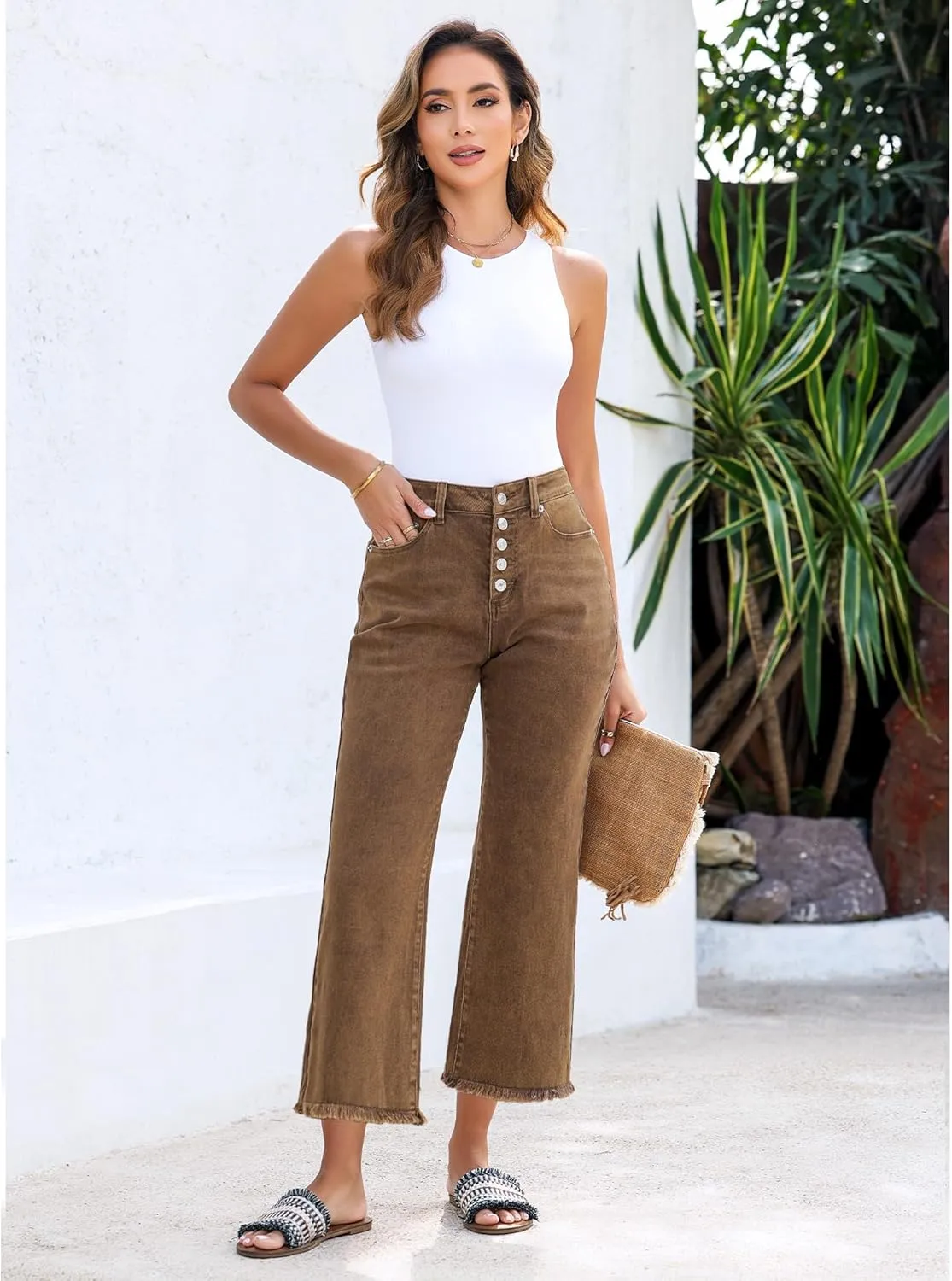 GRAPENT Capri Jeans for Women Trendy High Waisted Wide Leg Flare Button Fly Stretchy Denim Pants Raw Hem Cropped Jeans
