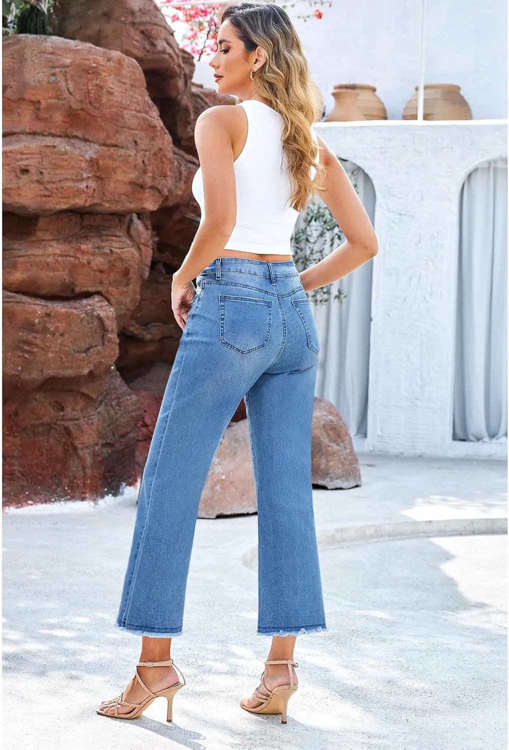 GRAPENT Capri Jeans for Women Trendy High Waisted Wide Leg Flare Button Fly Stretchy Denim Pants Raw Hem Cropped Jeans