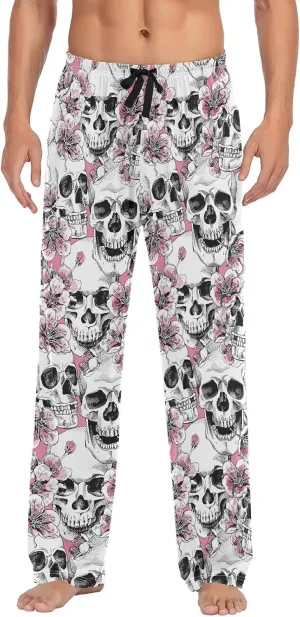 GuoChe Mens Skull Flowers Pink Pajama Bottoms Pajama Pants for Men Lounge Pants XL