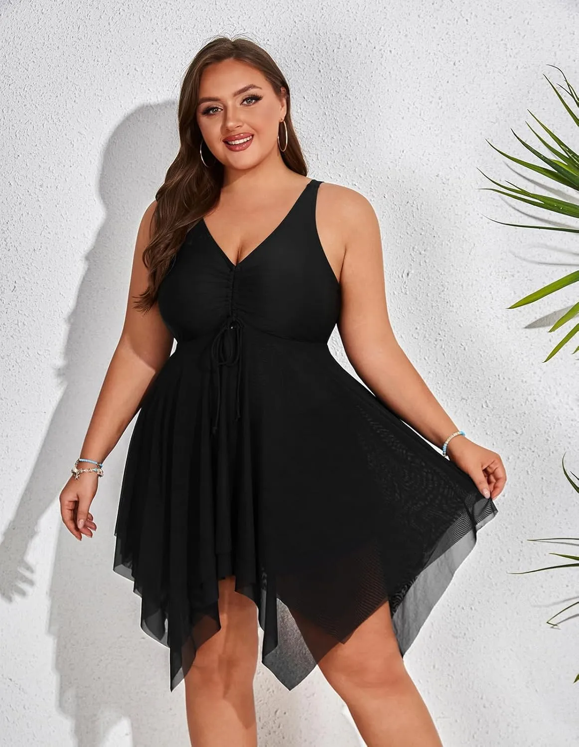Hanna Nikole Womens Plus Size Swimsuits Two Piece Tankini Set Mesh Swimdress with Boyshort