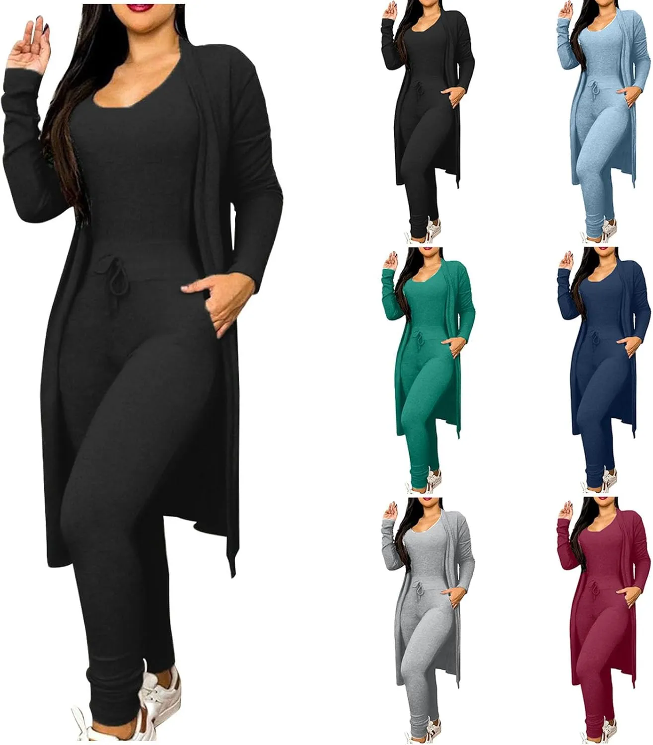 HGps8w Women's Sexy 2 Piece Outfits - Ribbed Long Sleeve Jumpsuit Bodysuit   Long Open Front Cardigan Jackets Loungewear Sets