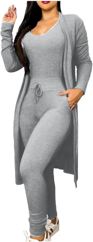 HGps8w Women's Sexy 2 Piece Outfits - Ribbed Long Sleeve Jumpsuit Bodysuit   Long Open Front Cardigan Jackets Loungewear Sets