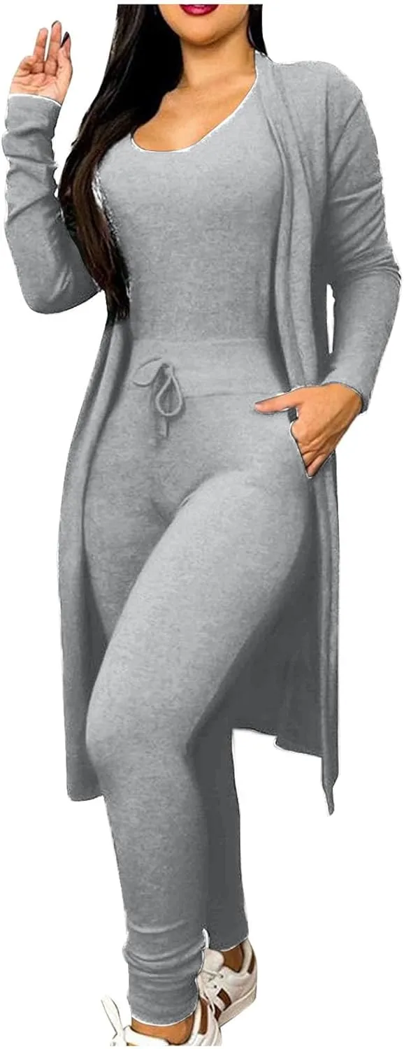 HGps8w Women's Sexy 2 Piece Outfits - Ribbed Long Sleeve Jumpsuit Bodysuit   Long Open Front Cardigan Jackets Loungewear Sets