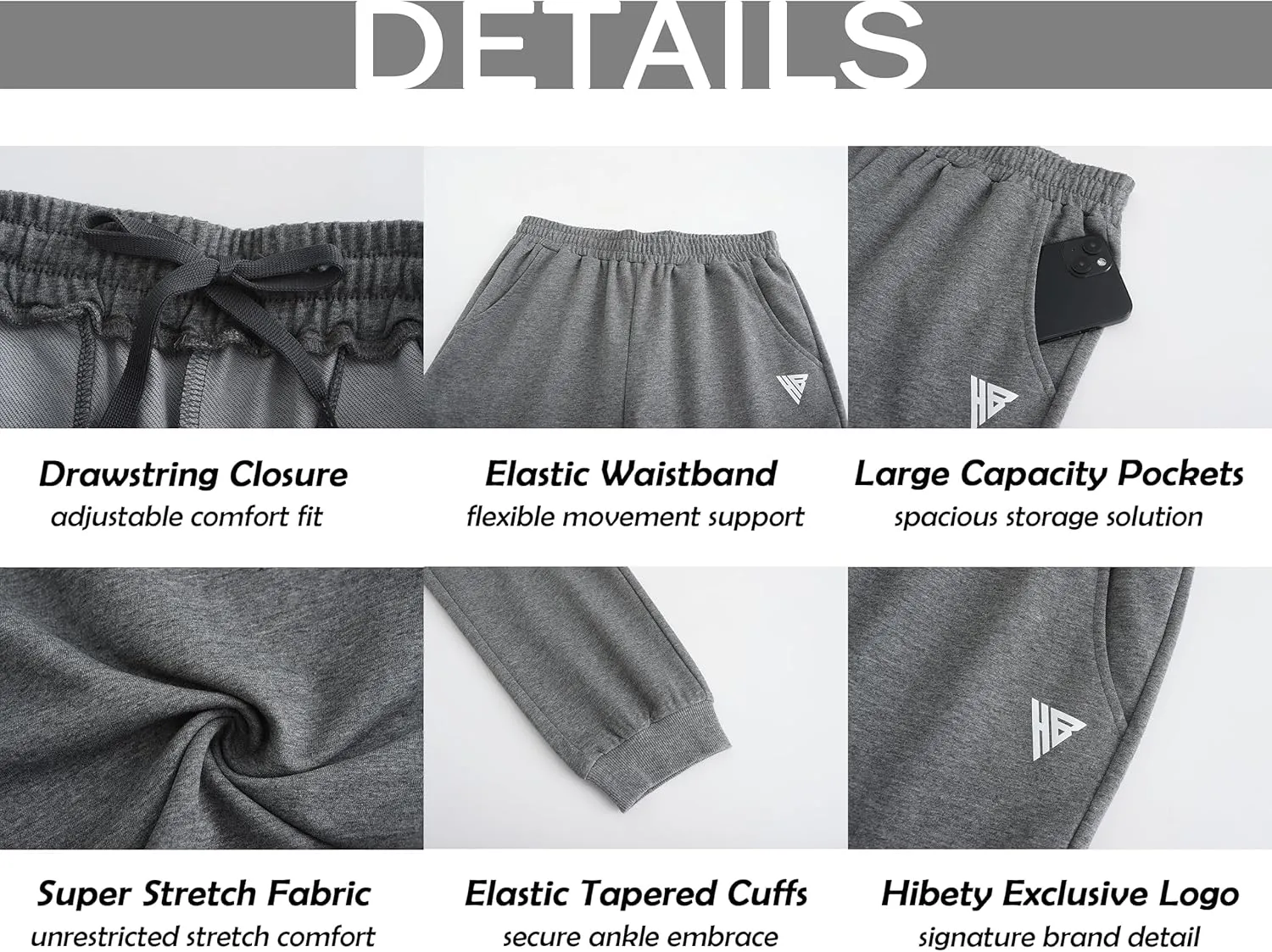 HIBETY Boys Athletic Pants, Moisture-Wicking Breathable Cotton Sweatpants with Elastic Drawstring