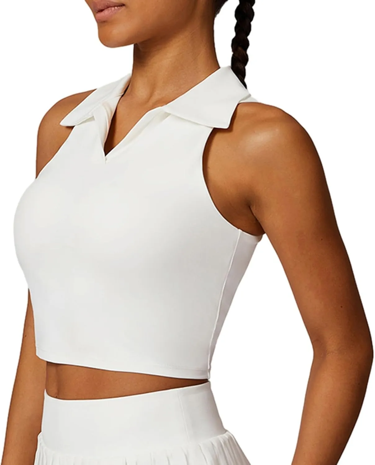 Hotfiary Women Workout Crop Top Athletic Tank Tops Tennis Golf Sleeveless Collar Vest Shirt Padded Sport Bra Quick Dry