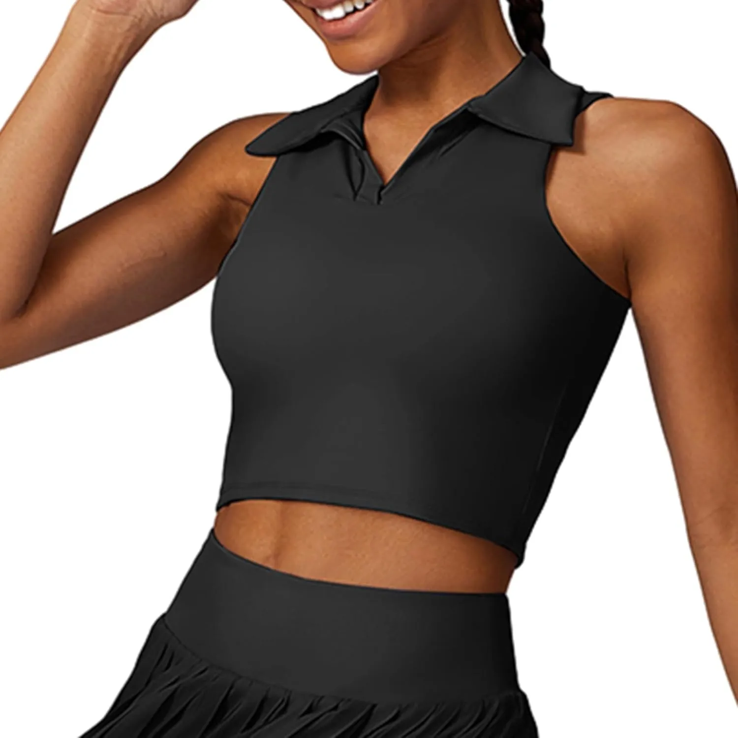 Hotfiary Women Workout Crop Top Athletic Tank Tops Tennis Golf Sleeveless Collar Vest Shirt Padded Sport Bra Quick Dry