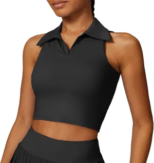Hotfiary Women Workout Crop Top Athletic Tank Tops Tennis Golf Sleeveless Collar Vest Shirt Padded Sport Bra Quick Dry