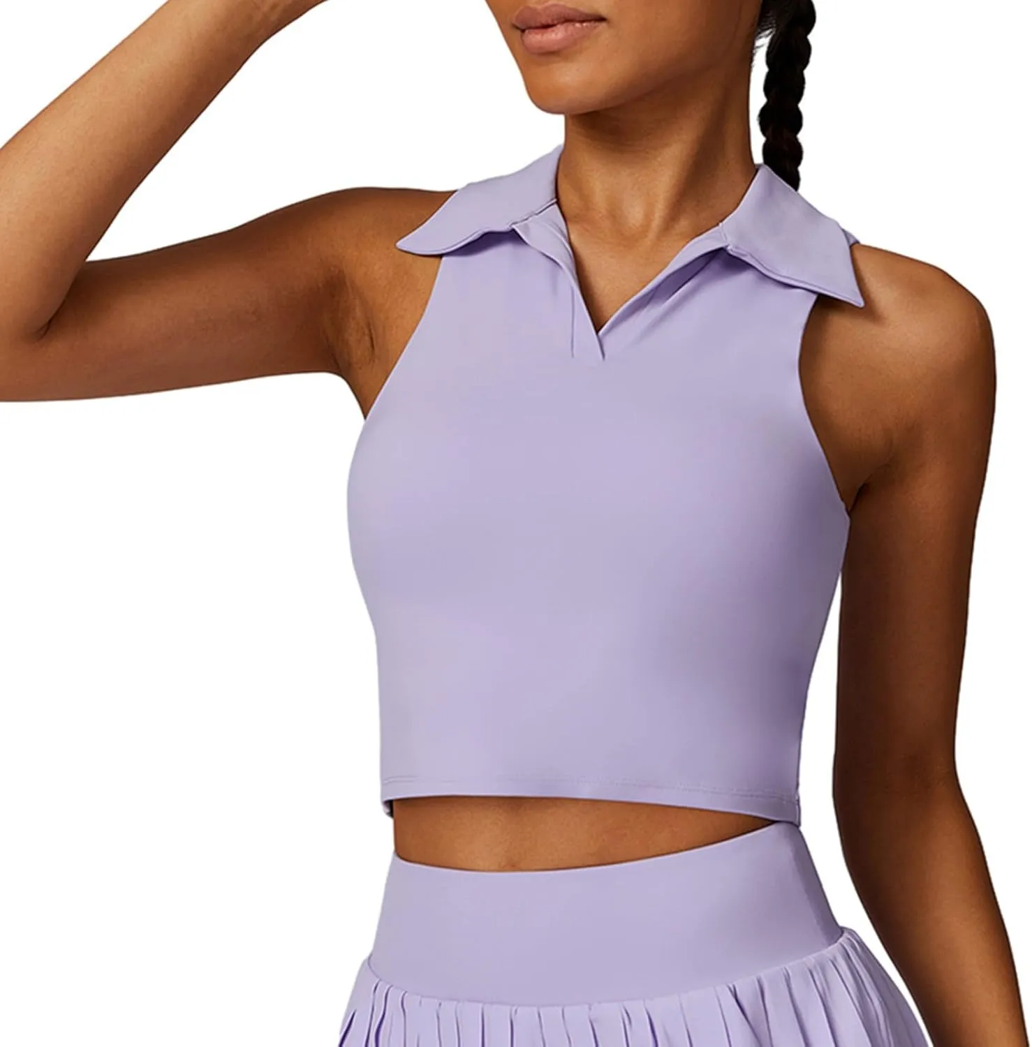 Hotfiary Women Workout Crop Top Athletic Tank Tops Tennis Golf Sleeveless Collar Vest Shirt Padded Sport Bra Quick Dry